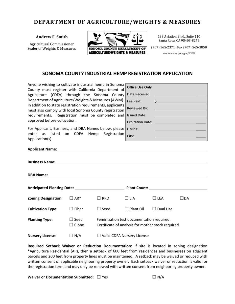 Industrial Hemp Registration Application - County of Sonoma, California, Page 1