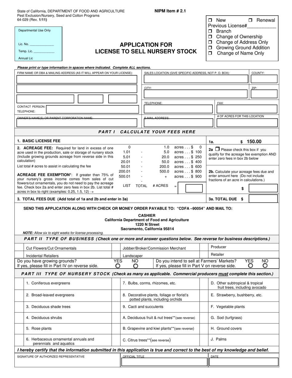 Form 64-029 Application for License to Sell Nursery Stock - California, Page 1