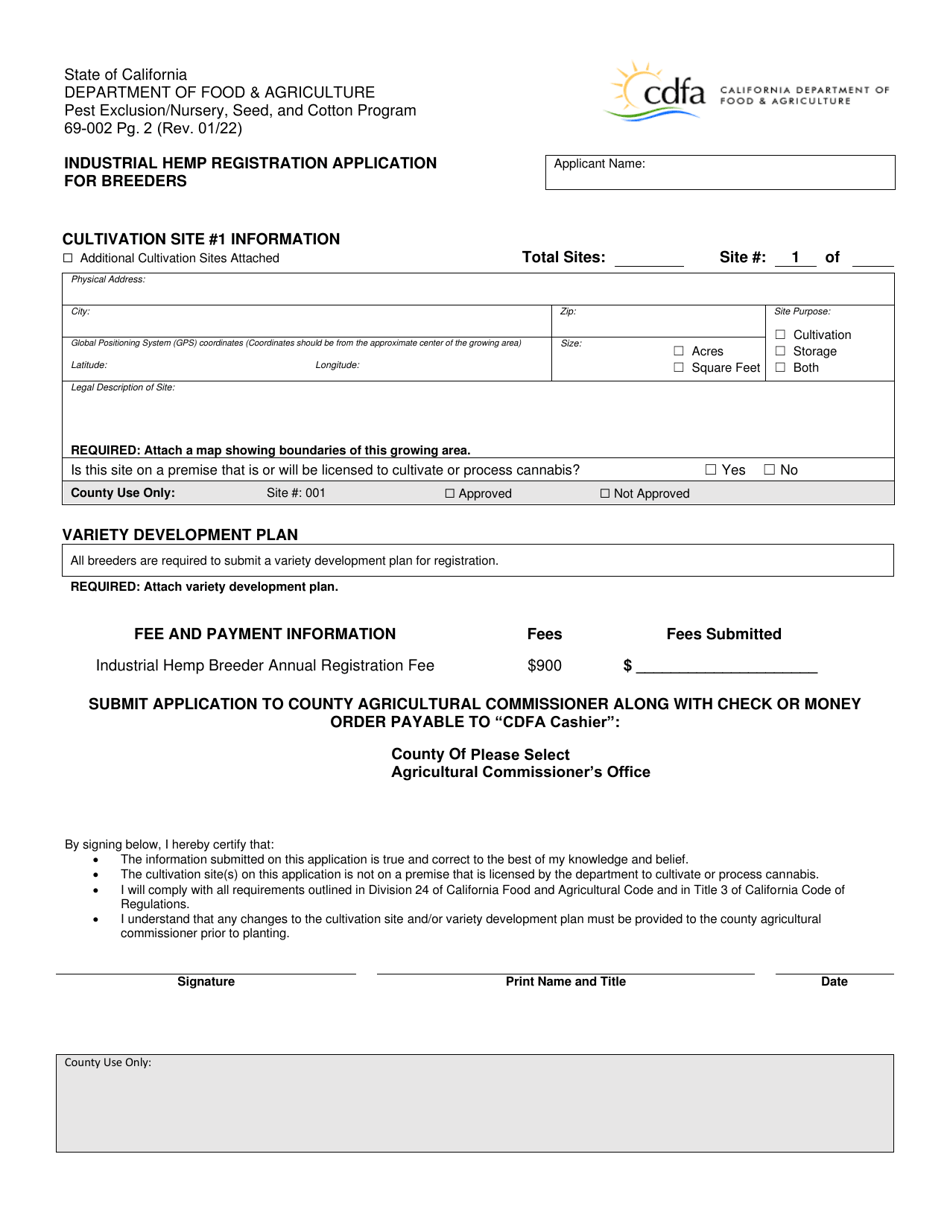 Form 69-002 Industrial Hemp Registration Application for Breeders - California, Page 2