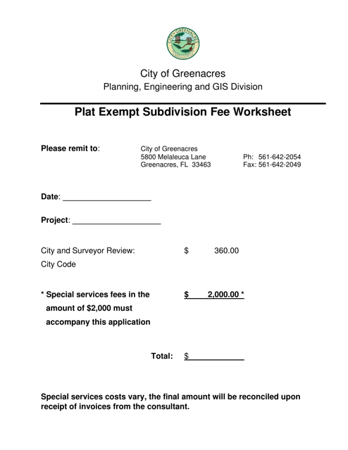 Plat Exempt Subdivision Fee Worksheet - City of Greenacres, Florida