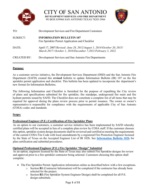 Fire Sprinkler Permit Application - City of San Antonio, Texas