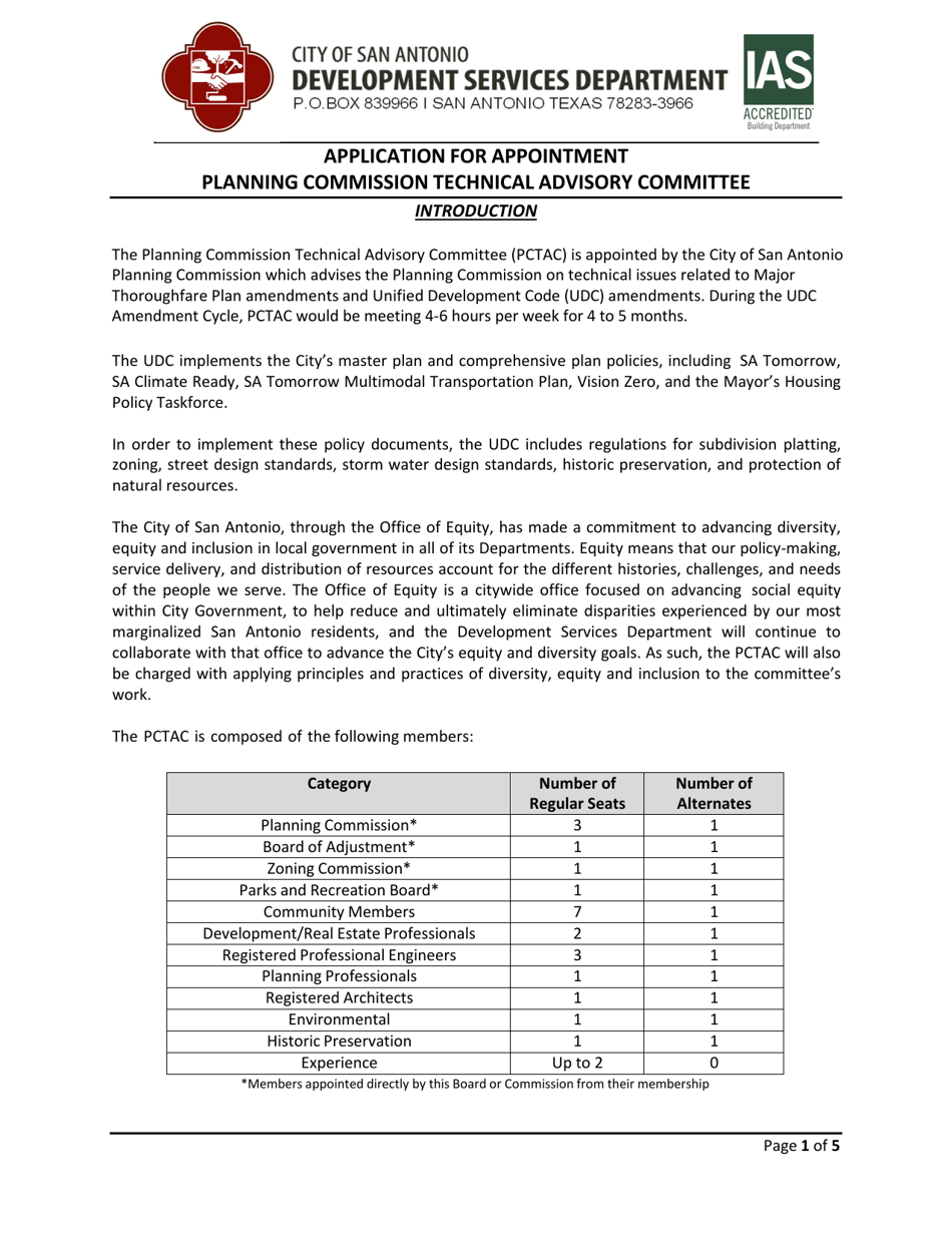 Planning Commission Technical Advisory Committee Application - City of San Antonio, Texas, Page 1