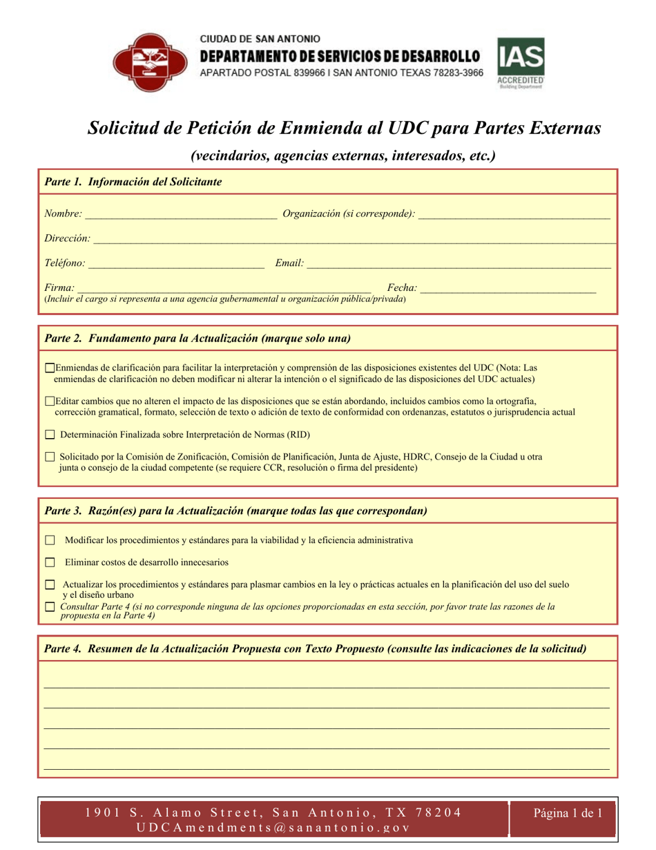 Solicitud De Peticion De Enmienda Al Udc Para Partes Externas (Vecindarios, Agencias Externas, Interesados, Etc.) - City of San Antonio, Texas (Spanish), Page 1
