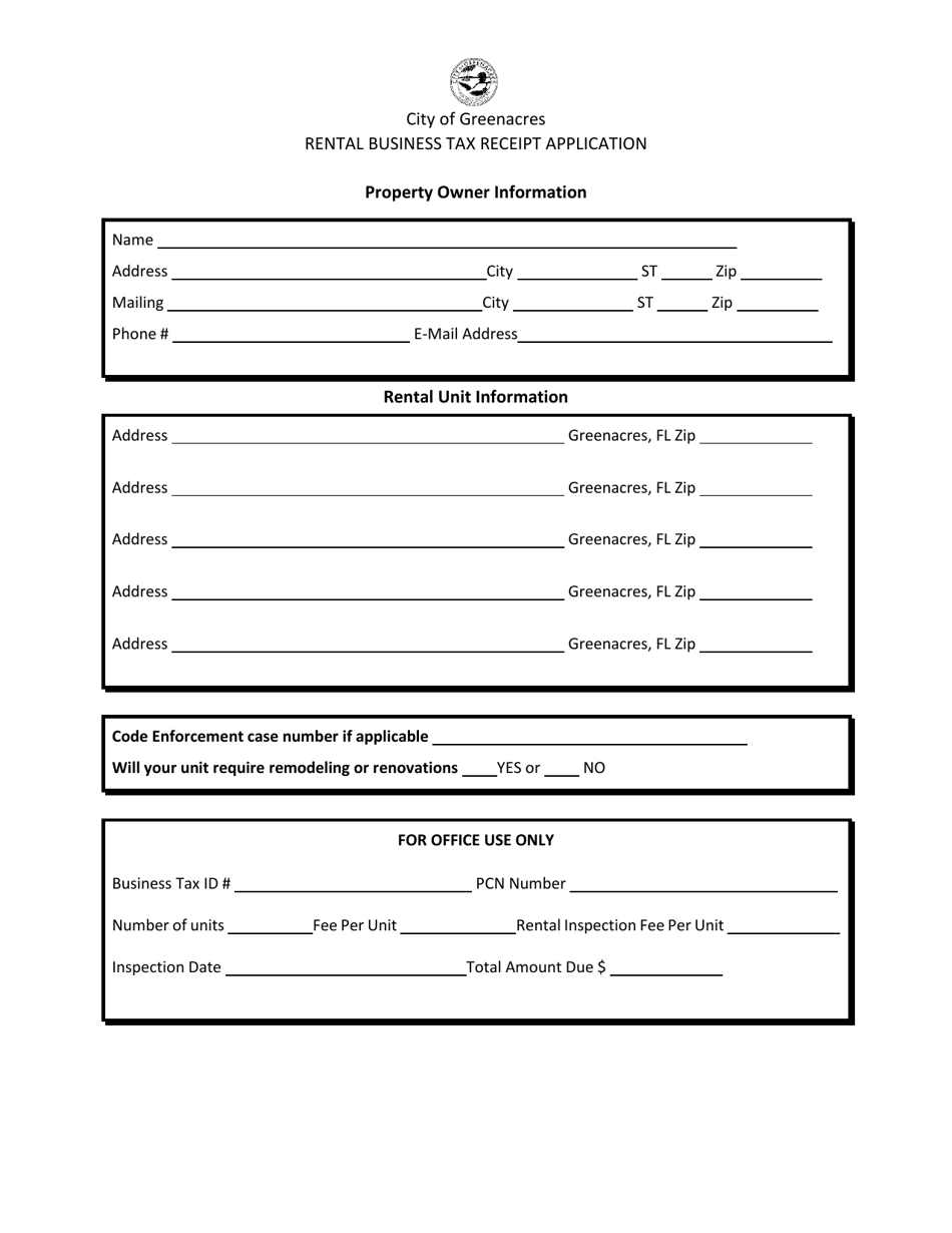 Rental Business Tax Receipt Application - City of Greenacres, Florida, Page 1