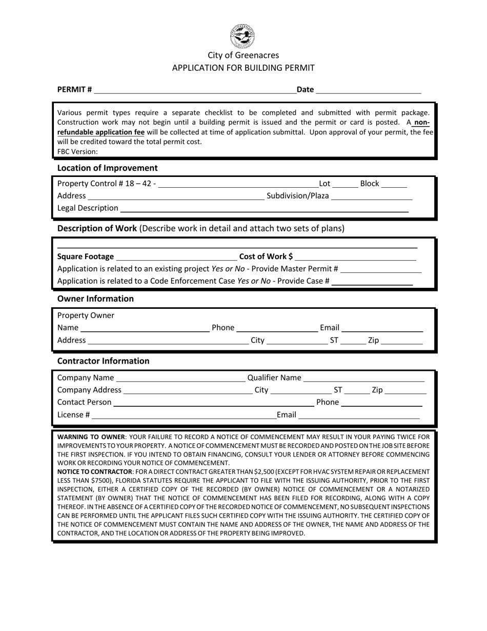 Application for Building Permit - City of Greenacres, Florida, Page 1