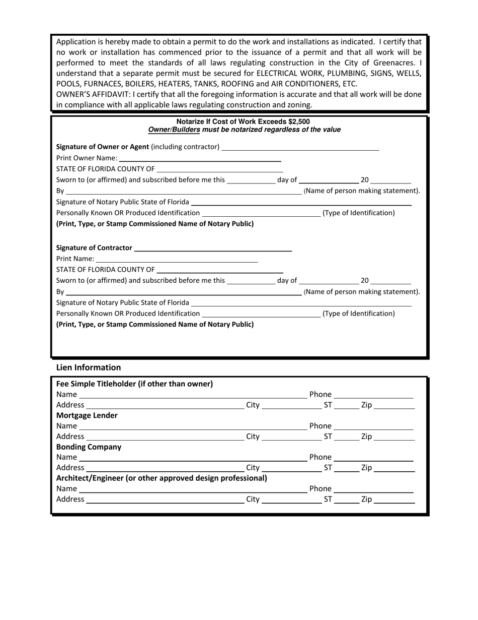 City of Greenacres, Florida Application for Building Permit - Fill Out ...