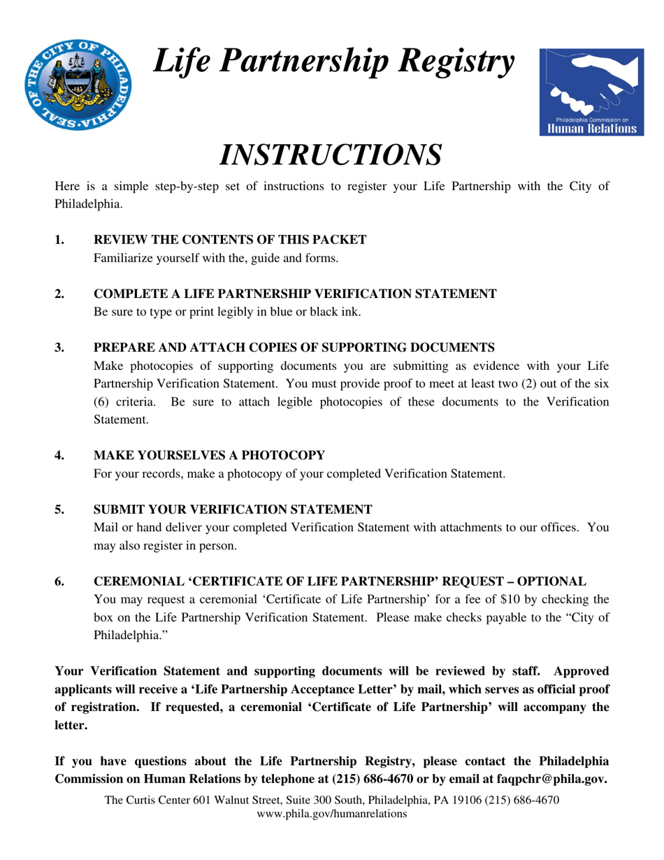 Life Partnership Registration Packet - City of Philadelphia, Pennsylvania, Page 2