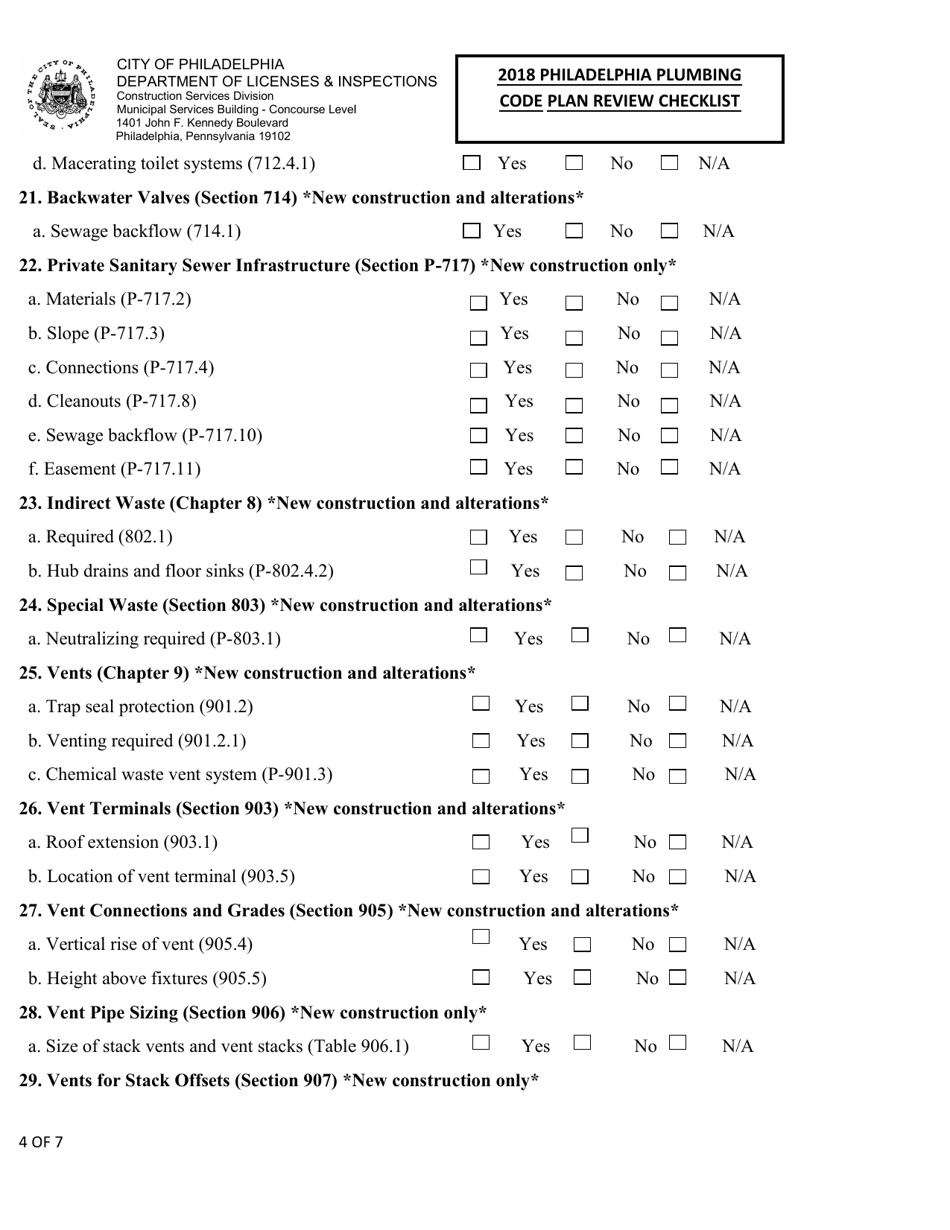 2018 Philadelphia Plumbing Code Plan Review Checklist - City of Philadelphia, Pennsylvania, Page 4