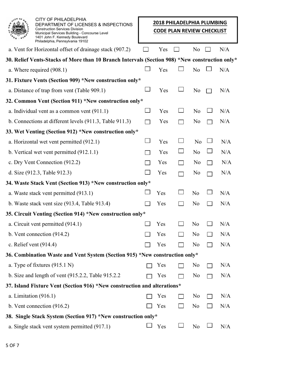 2018 Philadelphia Plumbing Code Plan Review Checklist - City of Philadelphia, Pennsylvania, Page 5