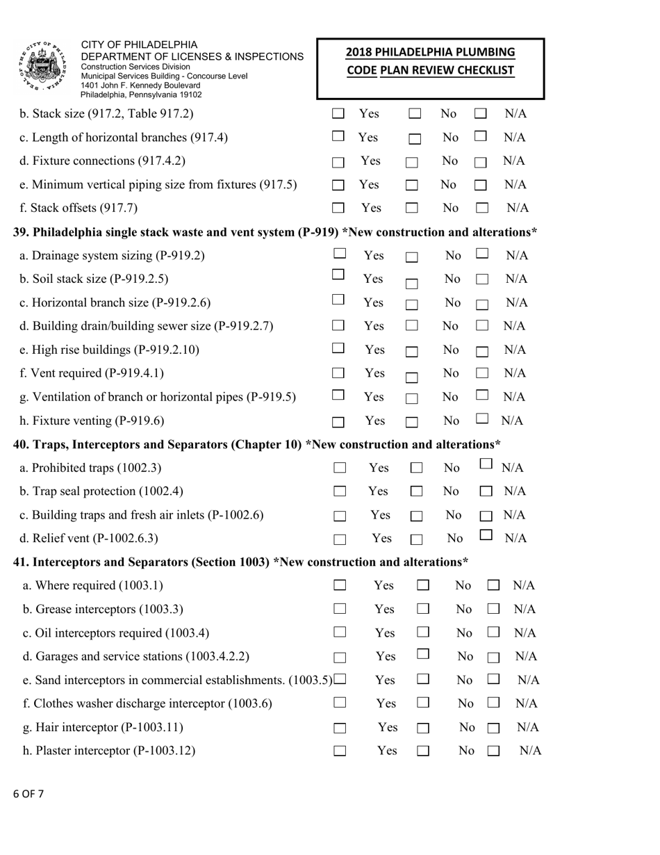 2018 Philadelphia Plumbing Code Plan Review Checklist - City of Philadelphia, Pennsylvania, Page 6