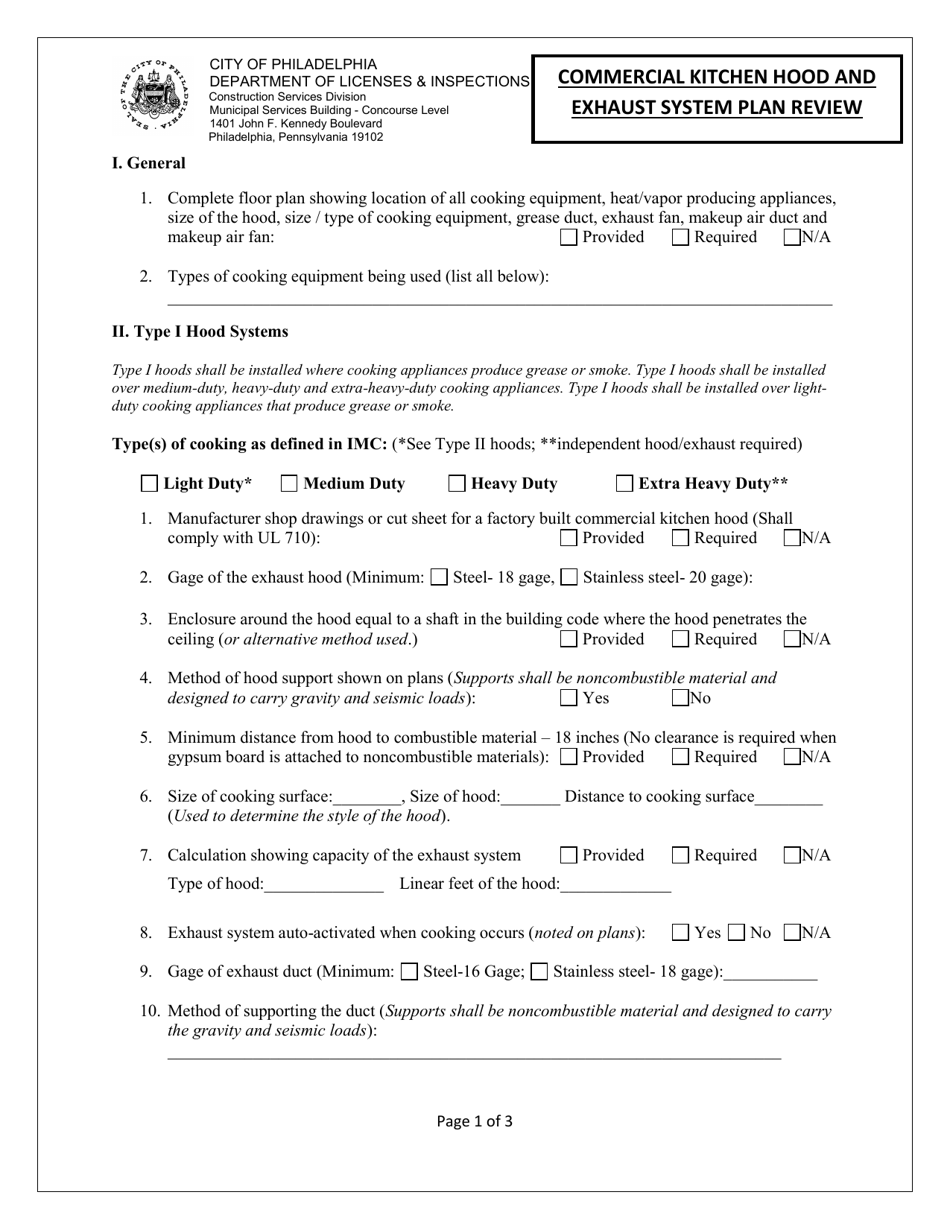 Commercial Kitchen Hood and Exhaust System Plan Review - City of Philadelphia, Pennsylvania, Page 1