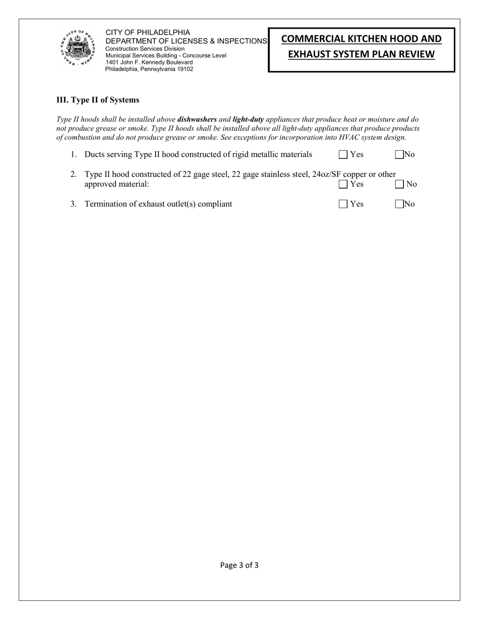Commercial Kitchen Hood and Exhaust System Plan Review - City of Philadelphia, Pennsylvania, Page 3
