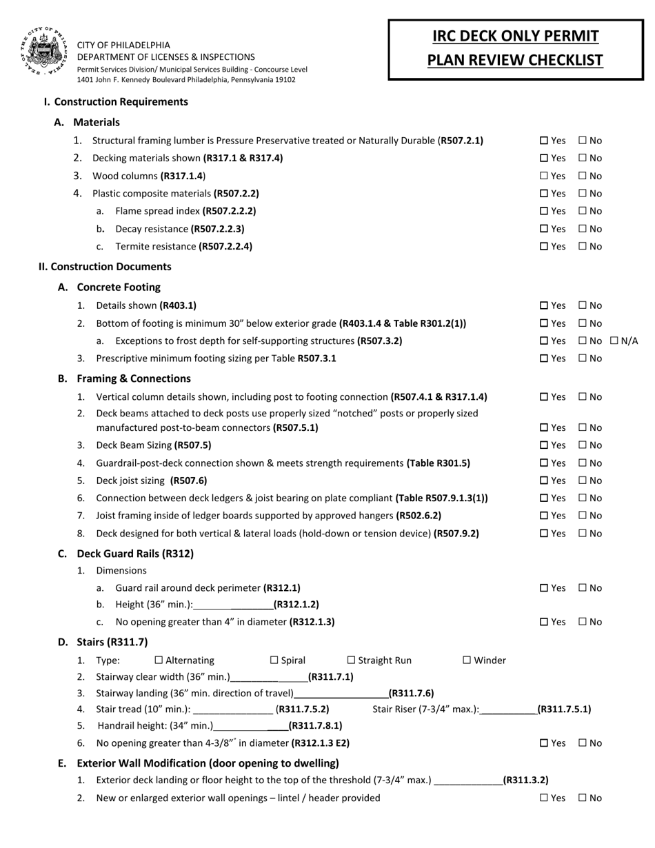IRC Deck Only Permit Plan Review Checklist - City of Philadelphia, Pennsylvania, Page 1
