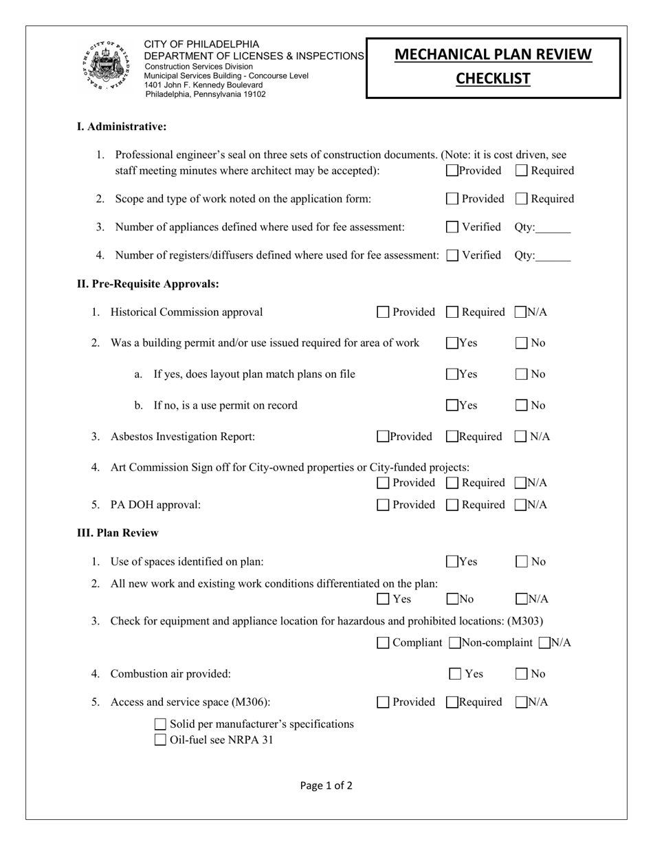 City of Philadelphia, Pennsylvania Mechanical Plan Review Checklist ...