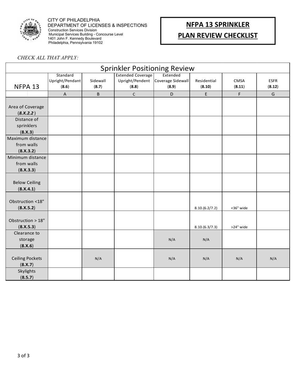 NFPA 13 Sprinkler Plan Review Checklist - City of Philadelphia, Pennsylvania, Page 3