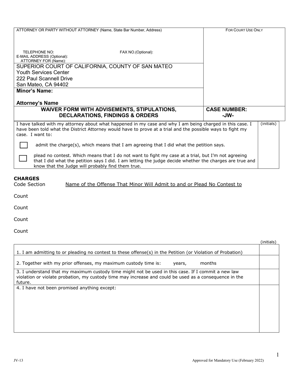 Form JV-13 - Fill Out, Sign Online and Download Fillable PDF, County of ...