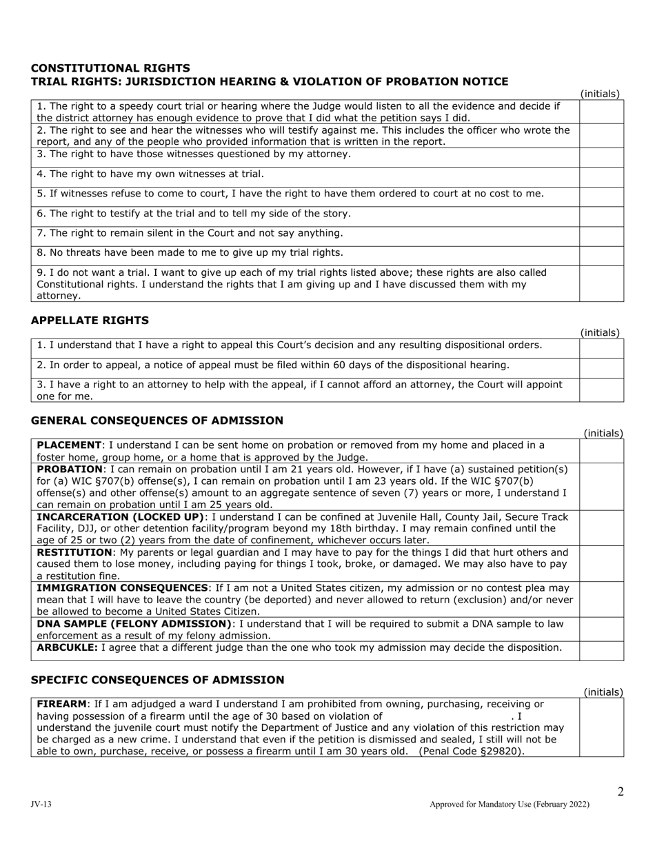Form JV-13 Waiver Form With Advisements, Stipulations, Declarations, Findings  Orders - County of San Mateo, California, Page 2