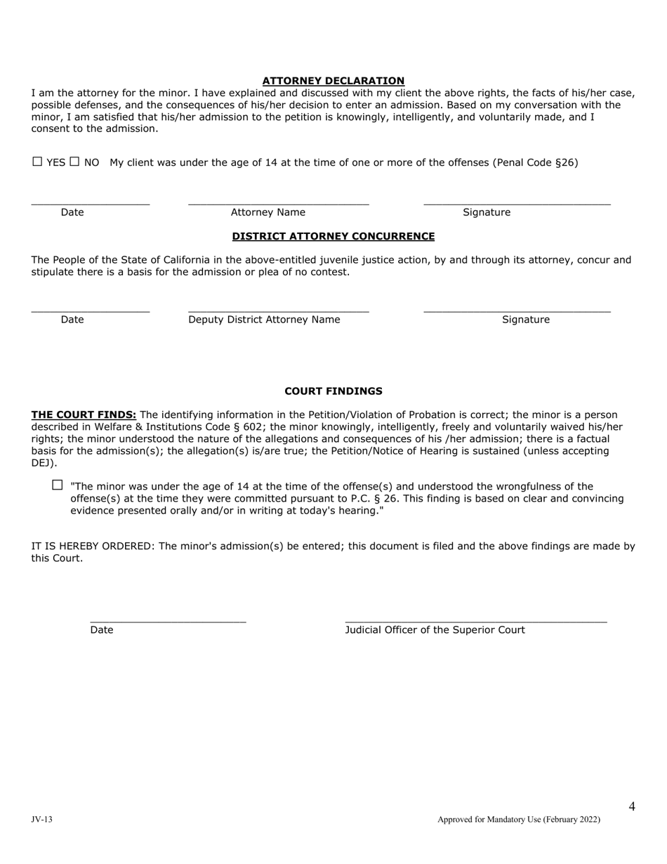 Form JV-13 Waiver Form With Advisements, Stipulations, Declarations, Findings  Orders - County of San Mateo, California, Page 4