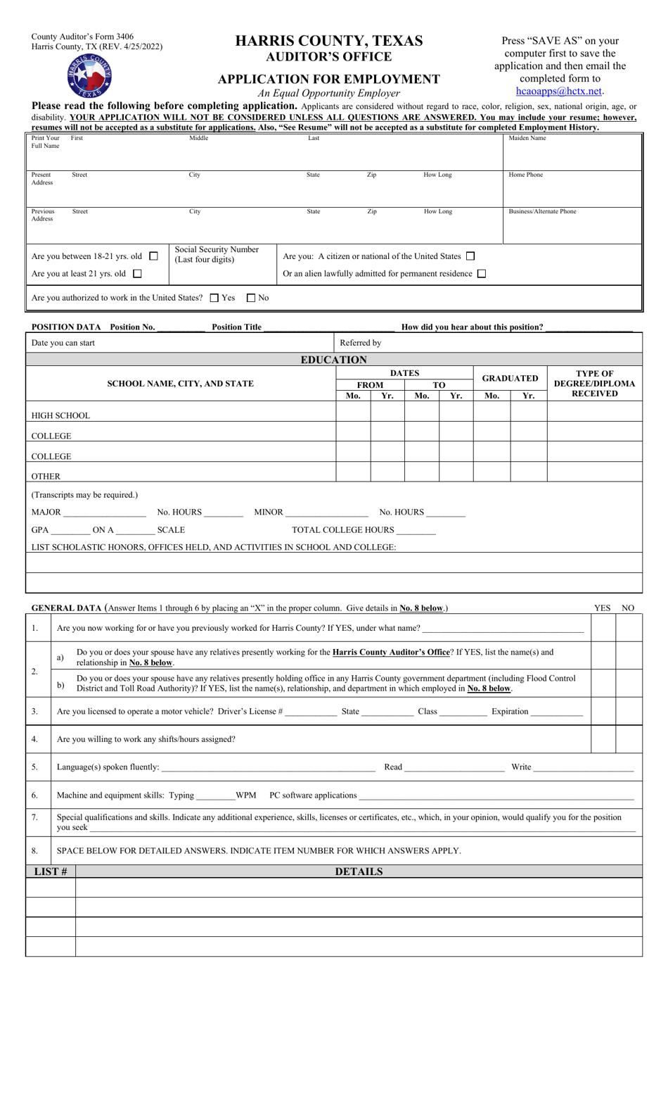 Form 3406 Application for Employment - Harris County, Texas, Page 1