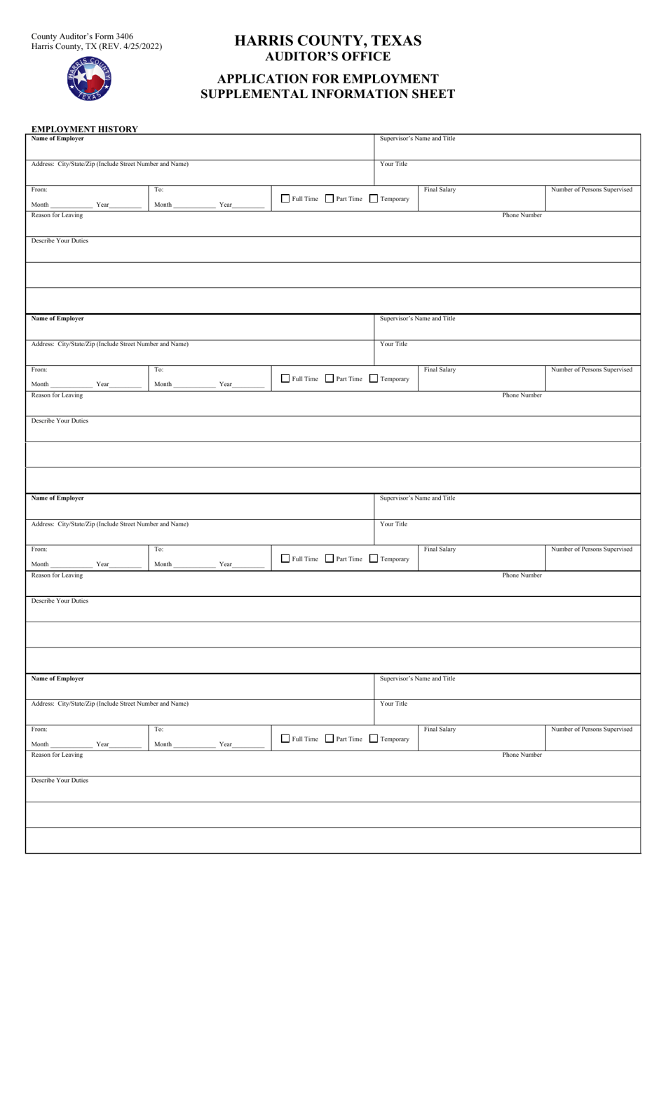 Form 3406 Application for Employment - Harris County, Texas, Page 3