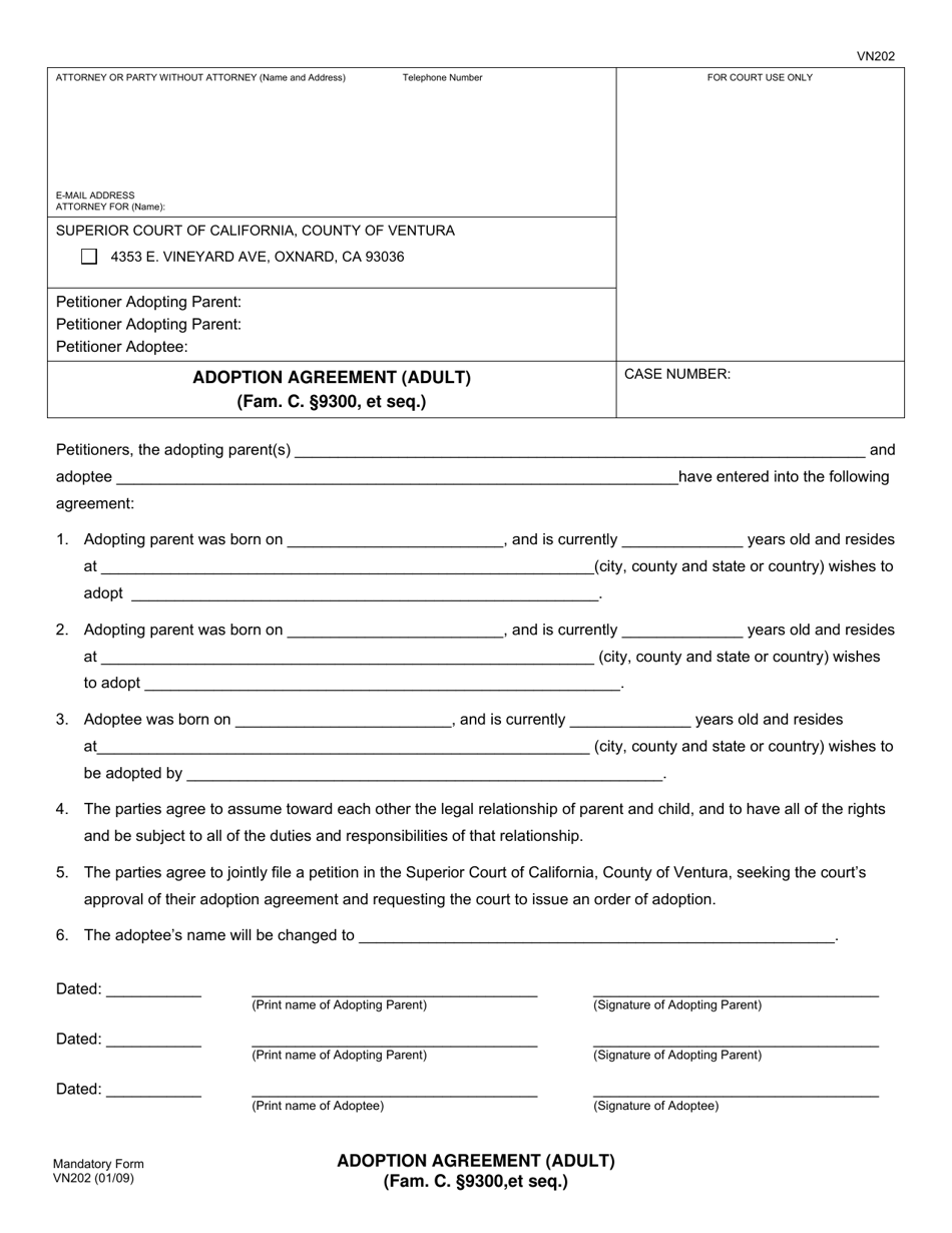Form VN202 Adoption Agreement (Adult) - County of Ventura, California, Page 1