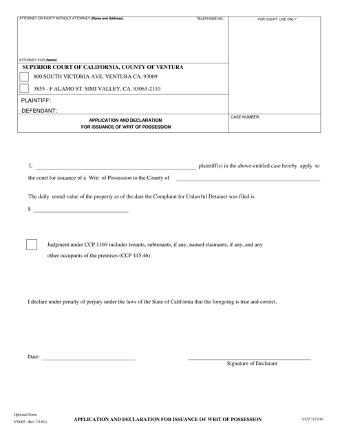Form VN005 Application and Declaration for Issuance of Writ of Possession - County of Ventura, California