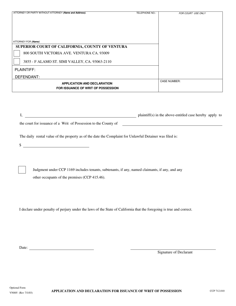 Form VN005 Application and Declaration for Issuance of Writ of Possession - County of Ventura, California, Page 1