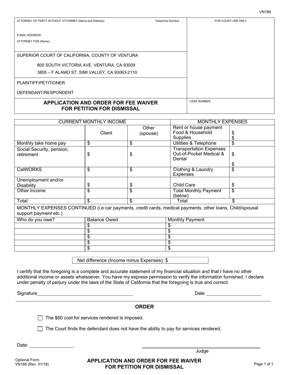 Form VN188 Application and Order for Fee Waiver for Petition for Dismissal - County of Ventura, California, Page 1