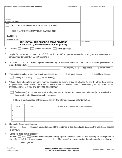 Form VN006 Application and Order to Serve Summons by Posting - Unlawful Detainer - County of Ventura, California