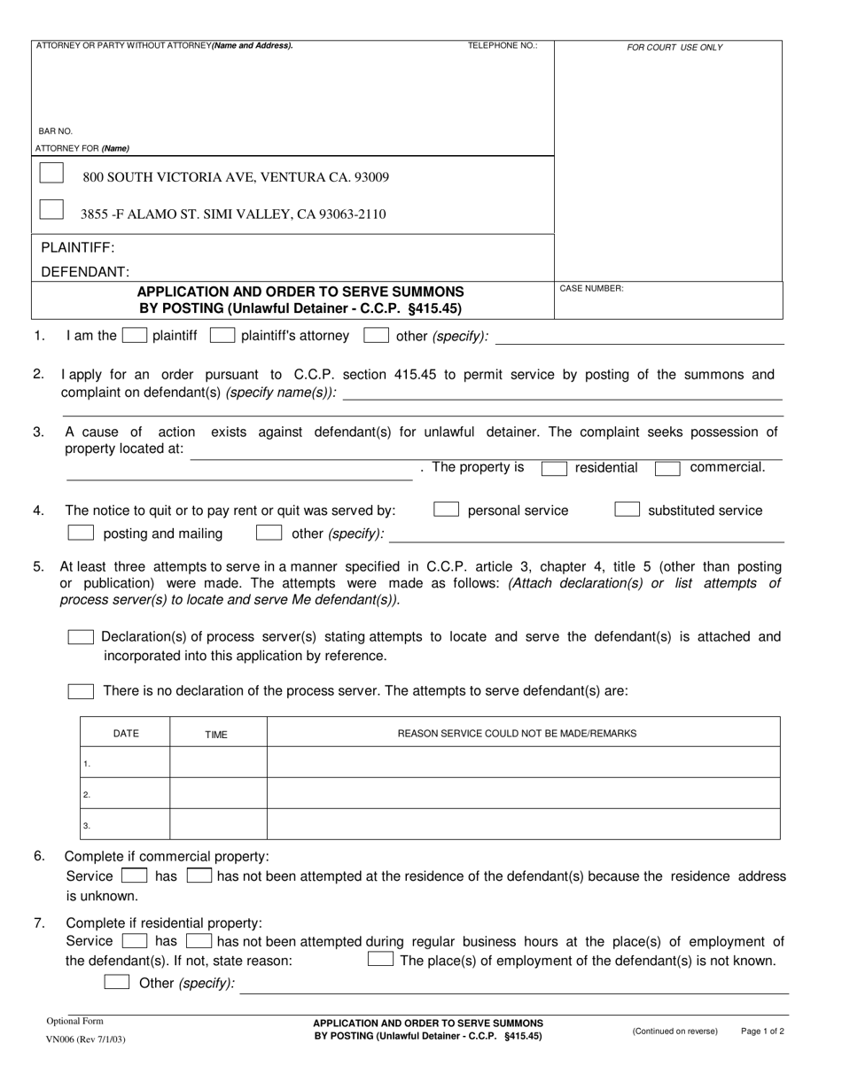 Form VN006 Application and Order to Serve Summons by Posting - Unlawful Detainer - County of Ventura, California, Page 1