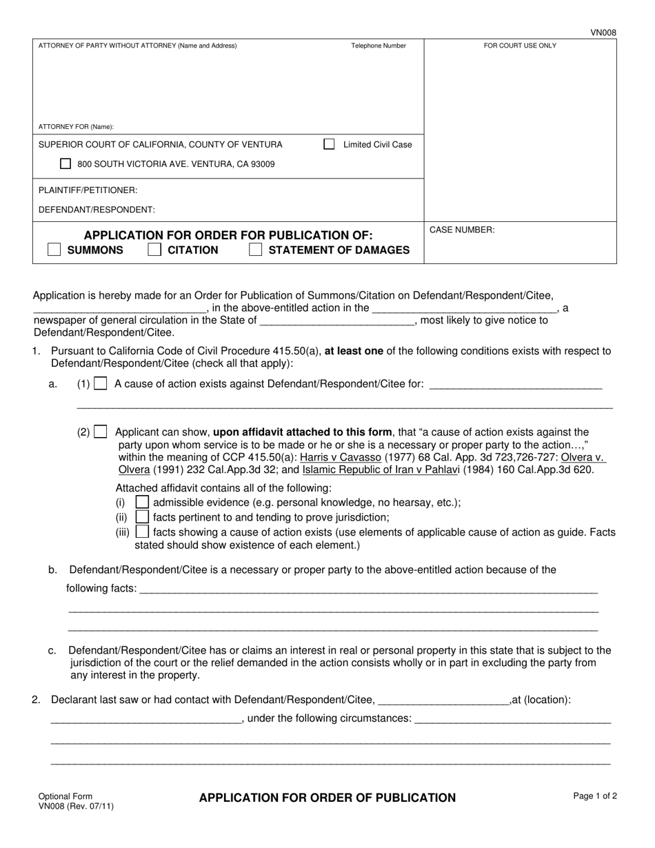 Form VN008 Application for Order for Publication of Summons / Citation / Statement of Damages - County of Ventura, California, Page 1