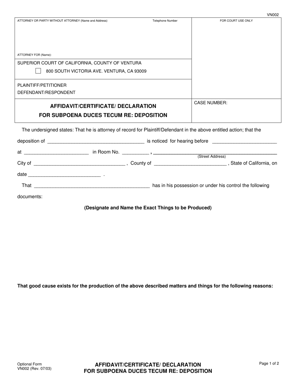 Form VN002 Affidavit/Certificate/Declaration for Subpoena Duces Tecum Re: Deposition - County of Ventura, California, Page 1