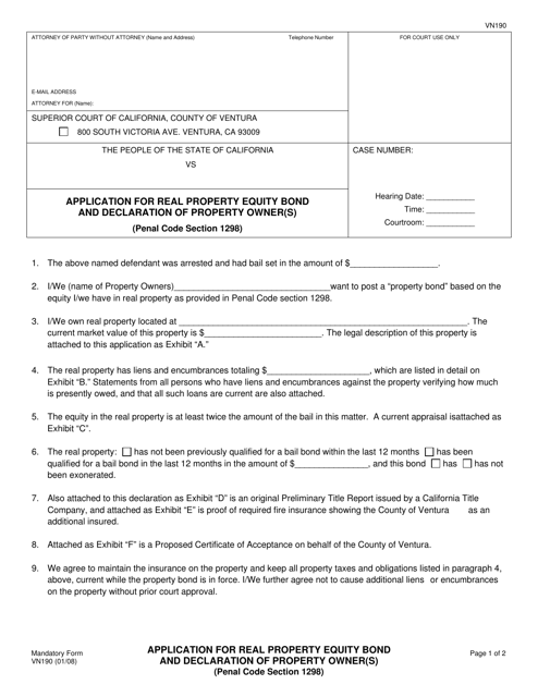 Form VN190 Application for Real Property Equity Bond and Delcaration of Property Owner(S) - County of Ventura, California