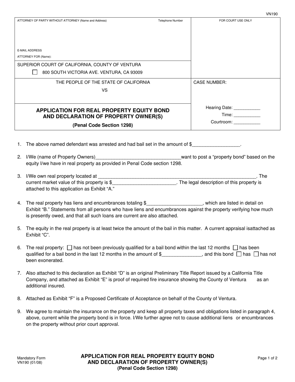 Form VN190 Application for Real Property Equity Bond and Delcaration of Property Owner(S) - County of Ventura, California, Page 1