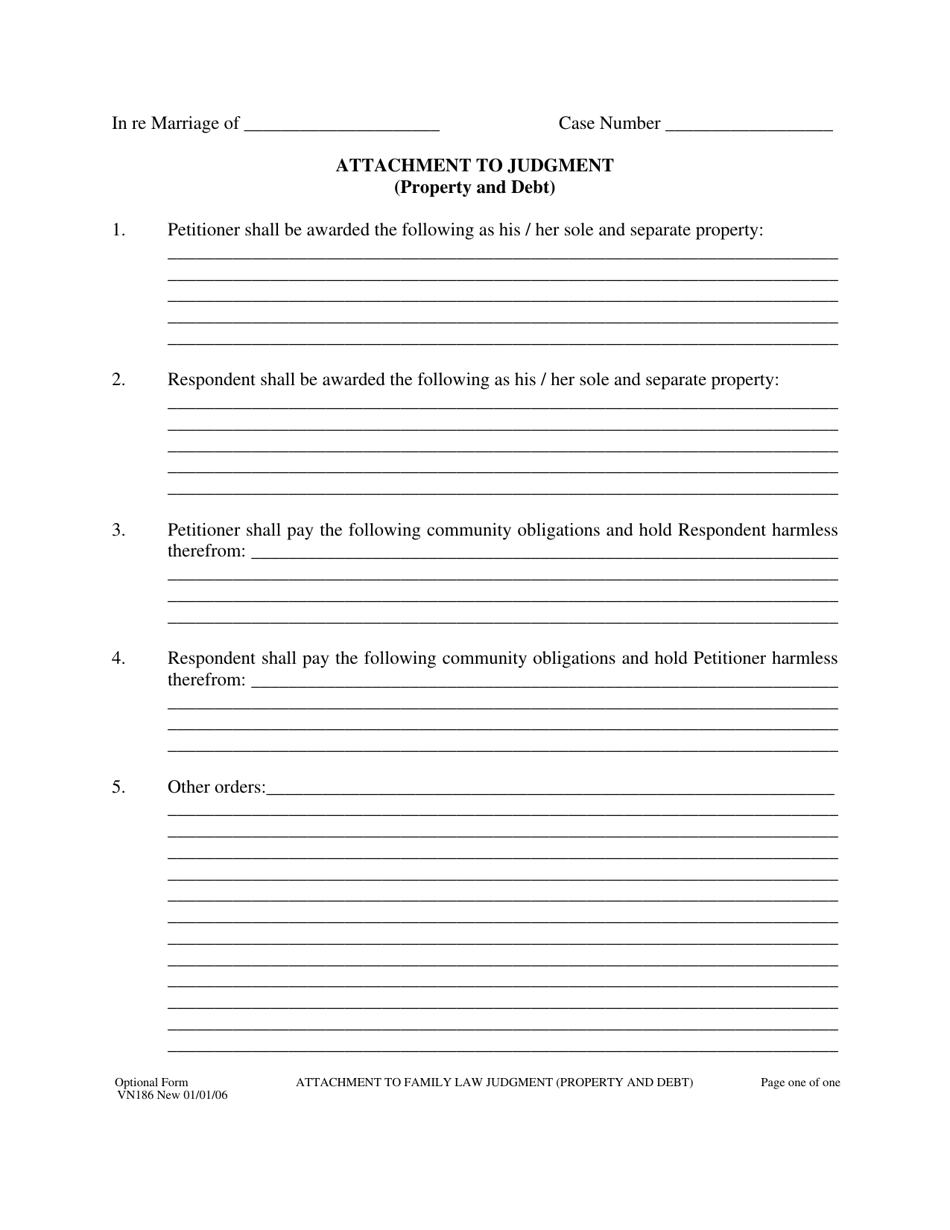 Form VN186 Attachment to Family Law Judgment (Property and Debt) - County of Ventura, California, Page 1