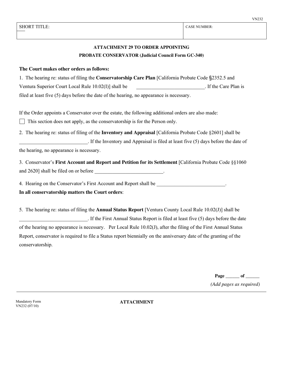 Form VN232 Attachment 29 Attachment to Order Appointing Probate Conservator - Ventura County, California, Page 1