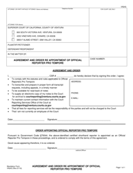 Document preview: Form VN243 Agreement and Order Re Appointment of Official Reporter Pro Tempore - County of Ventura, California