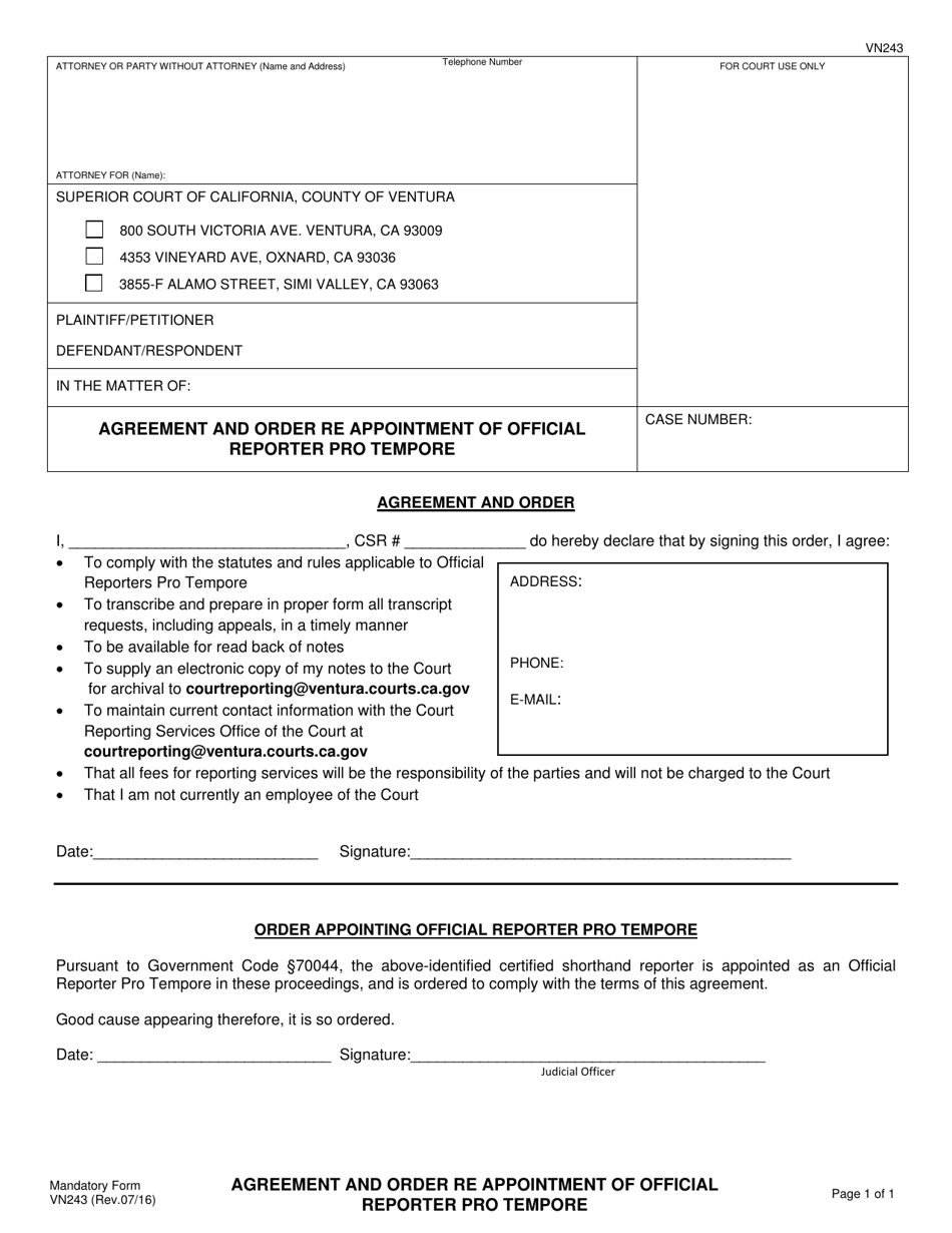 Form VN243 Agreement and Order Re Appointment of Official Reporter Pro Tempore - County of Ventura, California, Page 1