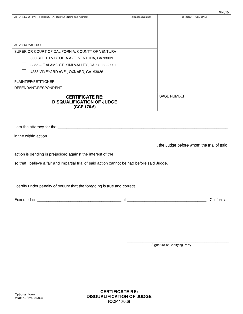 Form VN015 Certificate Re Disqualification of Judge (Ccp 170.6) - County of Ventura, California, Page 1