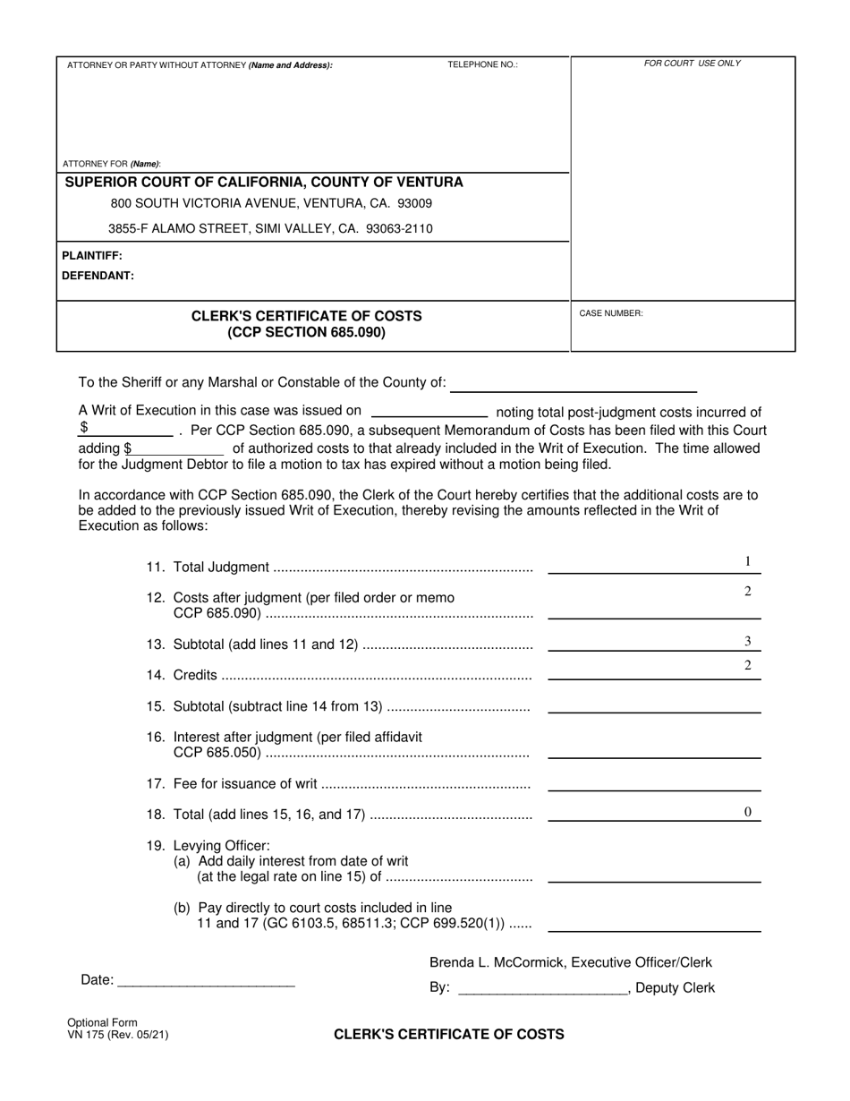 Form VN175 Clerks Certificate of Costs (Ccp 668.090) - County of Ventura, California, Page 1