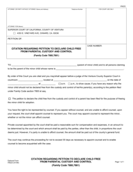 Document preview: Form VN223 Citation Regarding Petition to Declare Child Free From Parental Custody and Control - County of Ventura, California