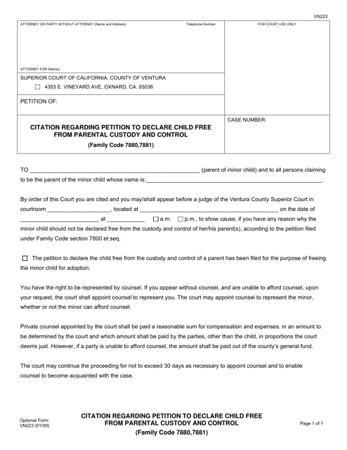 Form VN223 Citation Regarding Petition to Declare Child Free From Parental Custody and Control - County of Ventura, California