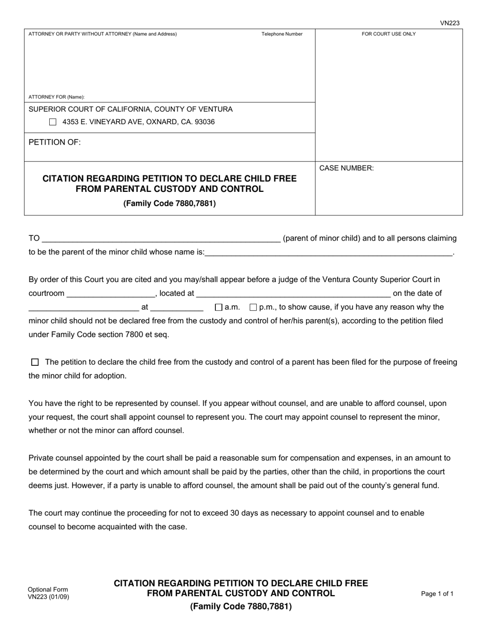 Form VN223 Citation Regarding Petition to Declare Child Free From Parental Custody and Control - County of Ventura, California, Page 1