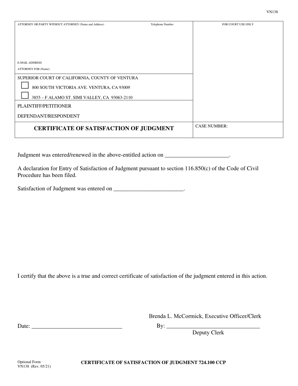 Form VN138 Certificate of Satisfaction of Judgment - County of Ventura, California, Page 1