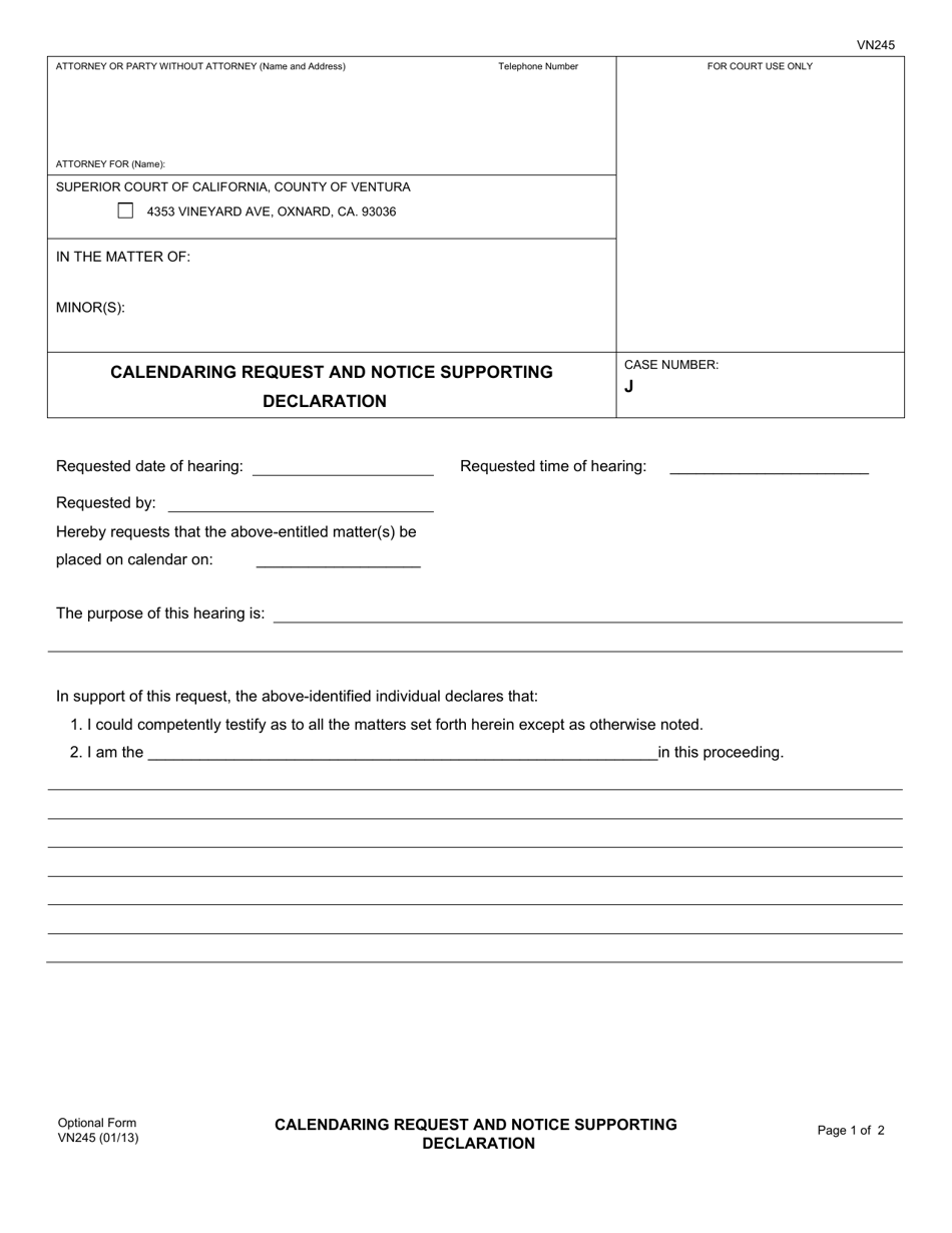 Form VN245 Calendaring Request and Notice Supporting Declaration - County of Ventura, California, Page 1