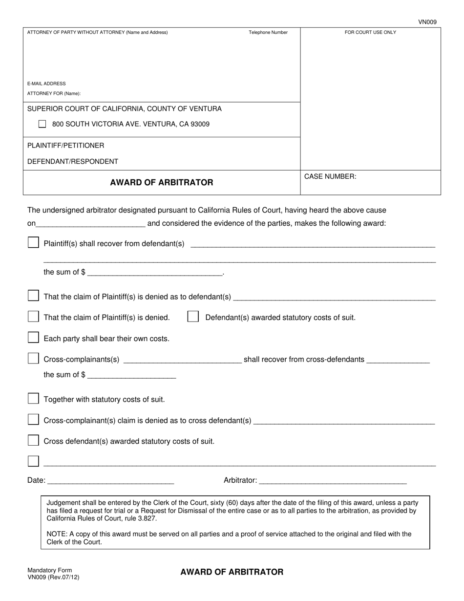 Form VN009 Award of Arbitrator - County of Ventura, California, Page 1