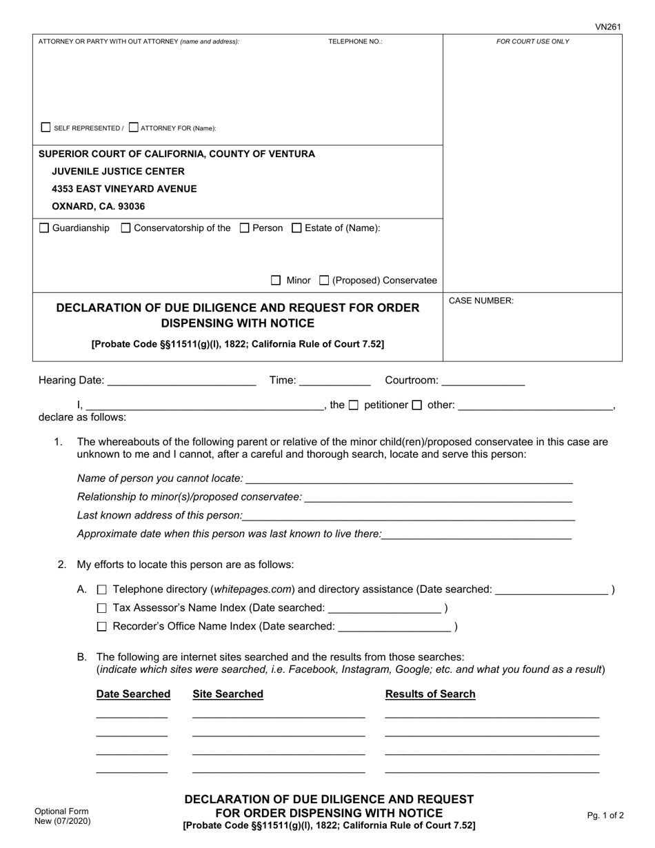 Form VN261 Declaration of Due Diligence and Request for Order Dispensing With Notice - County of Ventura, California, Page 1