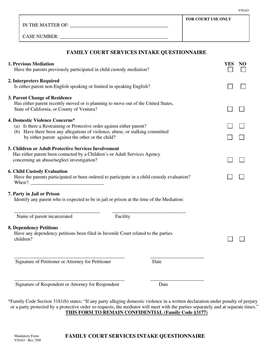Form VN163 Family Court Services Intake Questionnaire - County of Ventura, California, Page 1