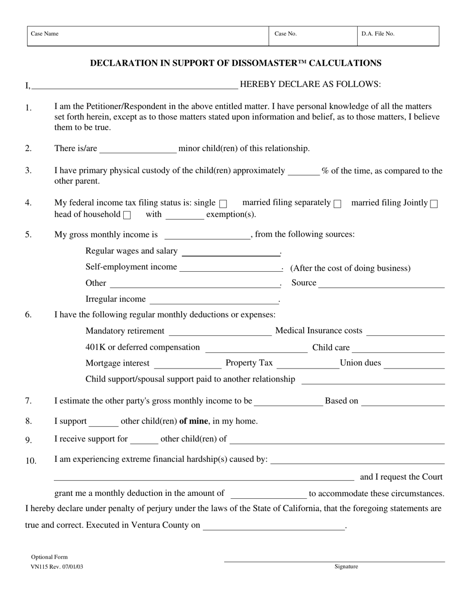 Form VN115 Declaration in Support of Dissomaster Calculations - County of Ventura, California, Page 1