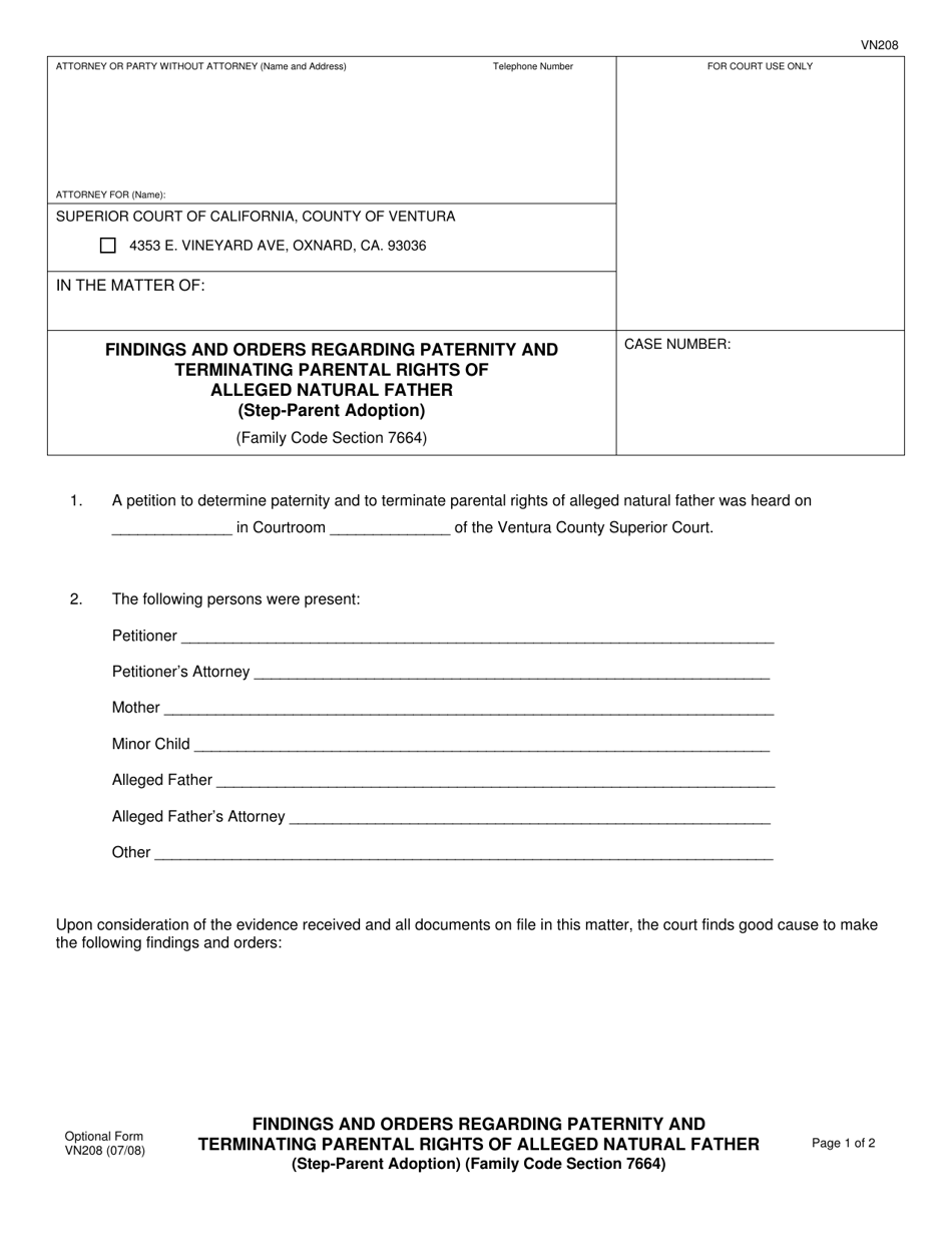 Form VN208 Findings and Orders Regarding Paternity and Terminating Parental Rights of Alleged Natural Father (Step-Parent Adoption) - County of Ventura, California, Page 1